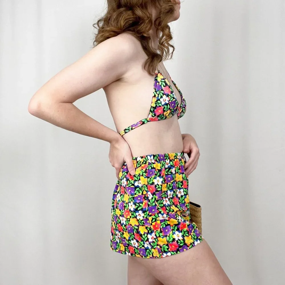 Vintage Floral Power Bikini Two Piece Triangle High Rise Shorts Cute Set 70s 80s - Picture 3 of 9